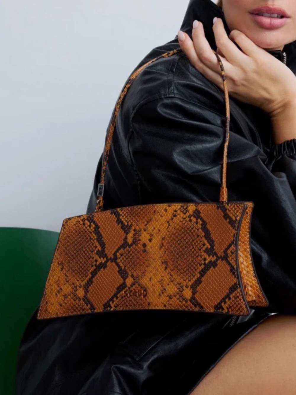 STAUD Coco Python-Embossed Shoulder Bag in Amber and Black